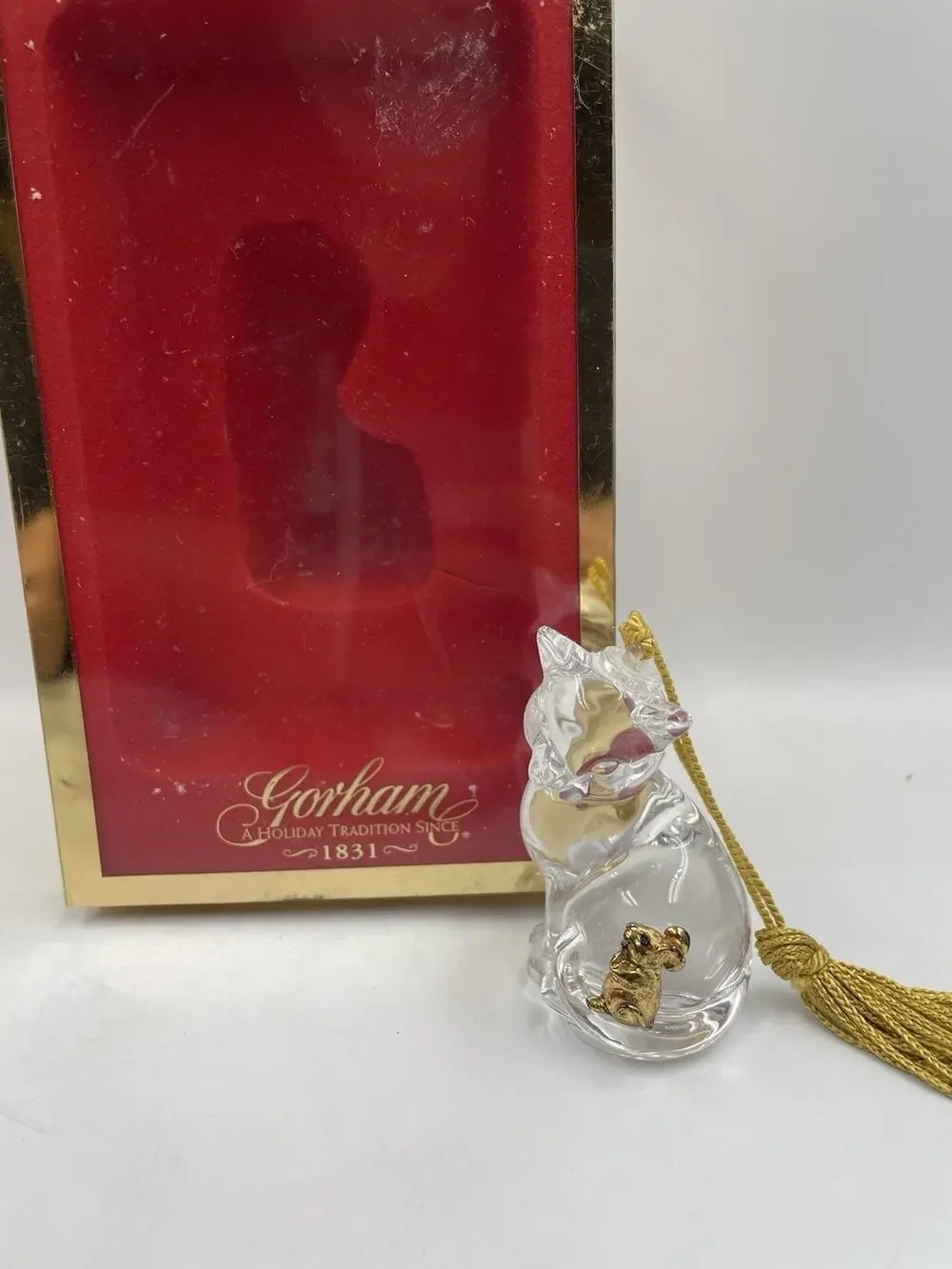 Gorham Crystal Cat Christmas Ornament Clear Glass Kitten With Original Box